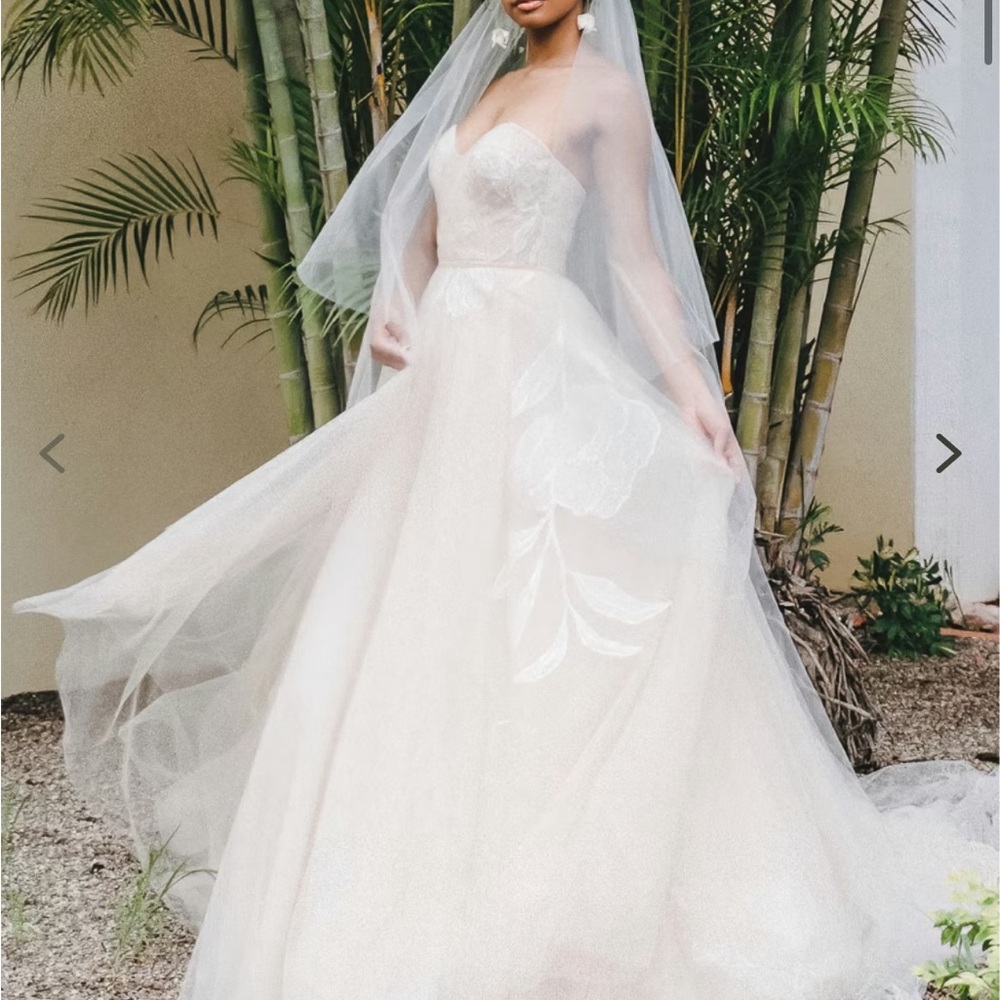 Strapless White/Champagne A-Line Wedding Dress with Floral Appliqué